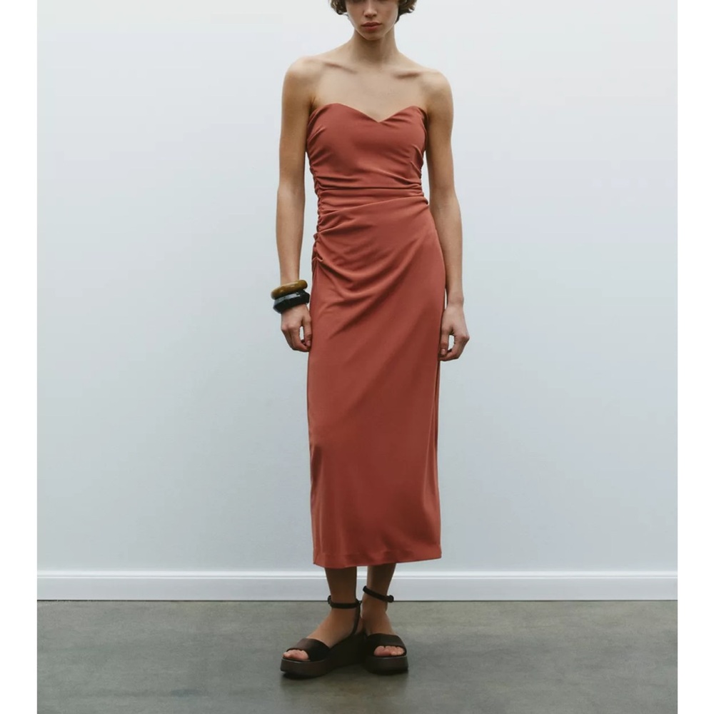 Zara NWT sweetheart neck ruched draped strapless midi fitted dress - Picture 2 of 9